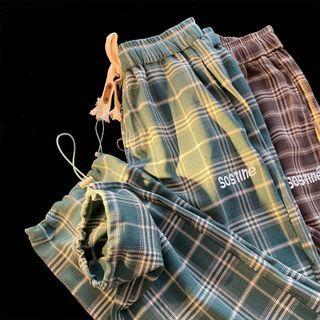 Elastic Waist Embroidered Gingham Wide Leg Pants