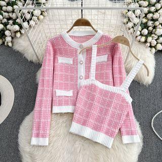 Set: Color Block Round Neck Knit Cardigan + Camisole