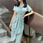 Set Of 2: : Tie-front Short-sleeve Cropped Top / Shirred Dip-back Midi Skirt
