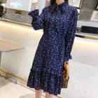 Bow Accent Floral Long-sleeve Dress