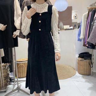 Long-sleeve Round-neck Mock Two-piece Velvet Lace Panel Dress