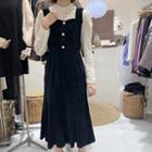 Long-sleeve Round-neck Mock Two-piece Velvet Lace Panel Dress