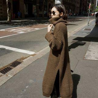 Slit-side Turtleneck Plain Knit Dress