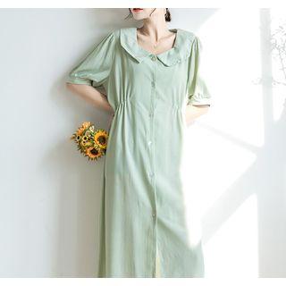 Elbow-sleeve Buttoned Chiffon Midi Dress