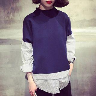 Mock Two-piece Long-sleeve Mock-neck Striped Panel Top
