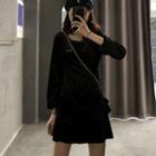 Long-sleeve A-line Midi Velvet Dress Black - One Size
