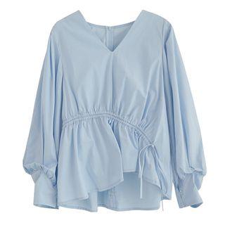 Drawstring V-neck Lantern-sleeve Blouse
