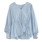 Drawstring V-neck Lantern-sleeve Blouse