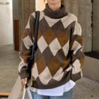 High-neck Argyle Long-sleeve Sweater Coffee & Almond - One Size