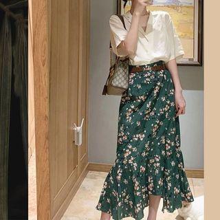 Set: Short-sleeve Shirt + Floral Print Midi A-line Skirt