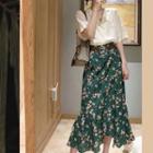 Set: Short-sleeve Shirt + Floral Print Midi A-line Skirt