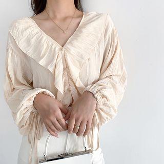 V Neck Plain Ruffle Long-sleeve Blouse