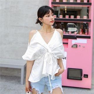 Cutout-shoulder 3/4-sleeve Drawstring Top