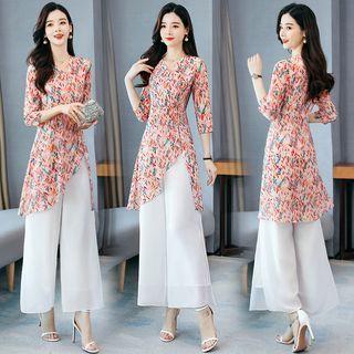 Set: 3/4-sleeve Floral Tunic + Wide Leg Pants