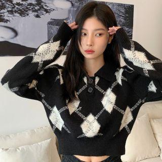 Argyle Print Polo-neck Sweater Black - One Size