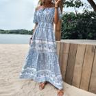 Short Sleeve Off-shoulder Pattern Print Maxi Beach Dress