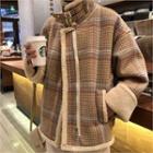 Buckled-neck Fuax-shearling Plaid Jacket Beige - One Size