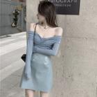 Long-sleeve Off Shoulder T-shirt / Faux Leather Mini A-line Skirt