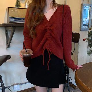 V-neck Knit Top Red - One Size