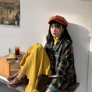 Plaid Button Coat / Plain Long-sleeve T-shirt / Midi A-line Skirt