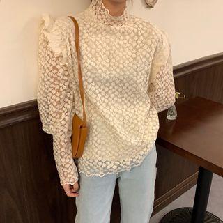 Puff-sleeve Floral Embroidered Ruffled Blouse Off-white - One Size