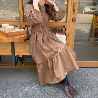 Plain Crinkled Puff Long-sleeve Midi Dress