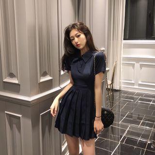 Short-sleeve Polo-neck Pleated Mini A-line Dress