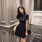 Short-sleeve Polo-neck Pleated Mini A-line Dress