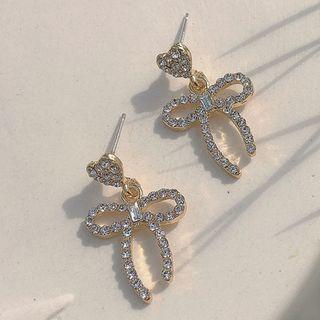 Rhinestone Heart Bow Dangle Earring 1 Pair - Silver Stud - Gold - One Size