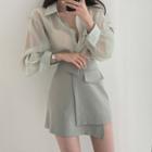 Long-sleeve Plain Shirt / High-waist Asymmetric Plain Skirt