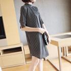 Striped Mandarin Collar Elbow-sleeve Midi Shirt Dress