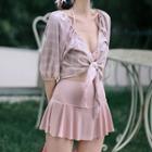 Set: Halter Bikini Top + Swim Skirt + Elbow-sleeve Plaid Cover-up