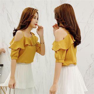 Short-sleeve Cold-shoulder Ruffle Trim Chiffon Blouse