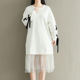 Dotted Mesh Hem Lace Up Detail Pullover Dress