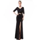 Sequined V-neck Elbow-sleeve Slit Sheath Evening Gown