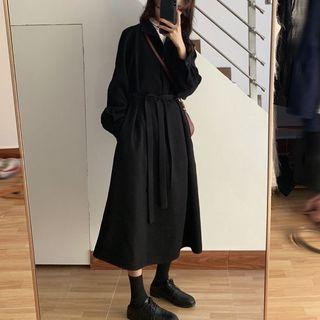 Long-sleeve Tie-waist Midi A-line Shirtdress Black - One Size