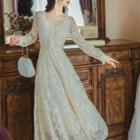 Long-sleeve Lace Pattern A-line Midi Dress