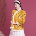 Traditional Chinese Long-sleeve Floral Embroidered Fluffy Trim Top