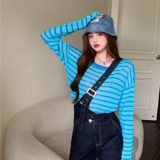 Striped Knit Top / High-waist Denim Shorts