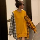 Plaid Panel Oversize Pullover Yellow - One Size