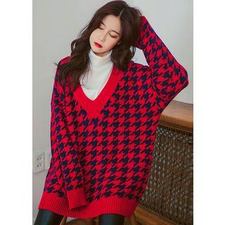 V-neck Houndstooth Boxy-fit Sweater