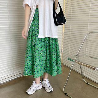 Elbow-sleeve Slit T-shirt / Floral Print Midi A-line Skirt