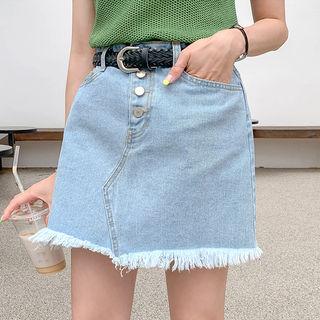 Button-fly Fringe-hem Denim Miniskirt