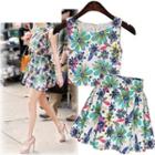 Set: Floral Print Sleeveless Top + A-line Skirt