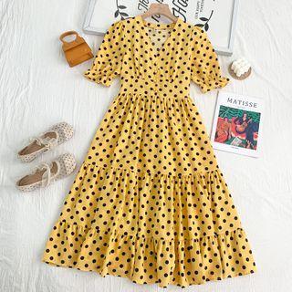 Ruffle-trim Dotted V-neck Shirtdress In 8 Colors