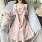 Short-sleeve Cold Shoulder Patterned A-line Dress Blue - One Size