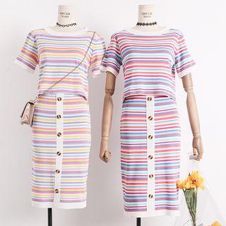 Set: Lightweight Striped Knit Top + Buttoned Pencil Skirt