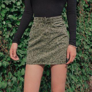 Leopard-print Denim Pencil Skirt