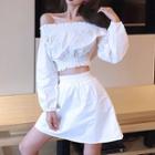 Set: Off-shoulder Long-sleeve Top + High Waist A-line Skirt Top - White - One Size / Skirt - White - One Size