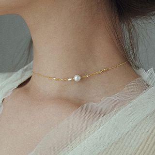 925 Sterling Silver Pearl Choker Platinum Plated - One Size